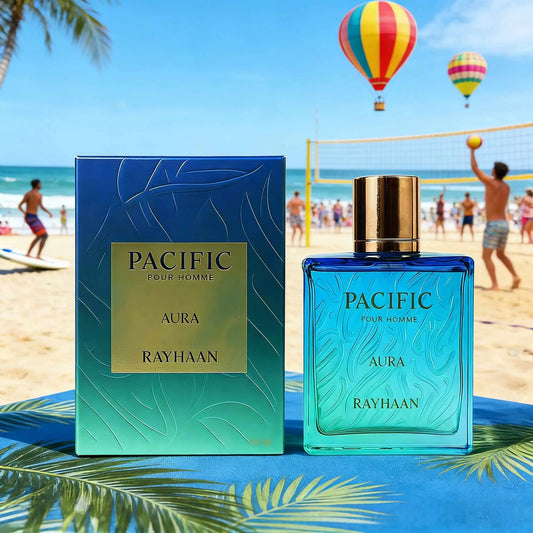 Rayhaan Pacific Halo Men's perfume has a clear ocean flavor, clean and transparent like the sea breeze, and the bottle body has a sense of summer holiday atmosphere by Grab & Glow