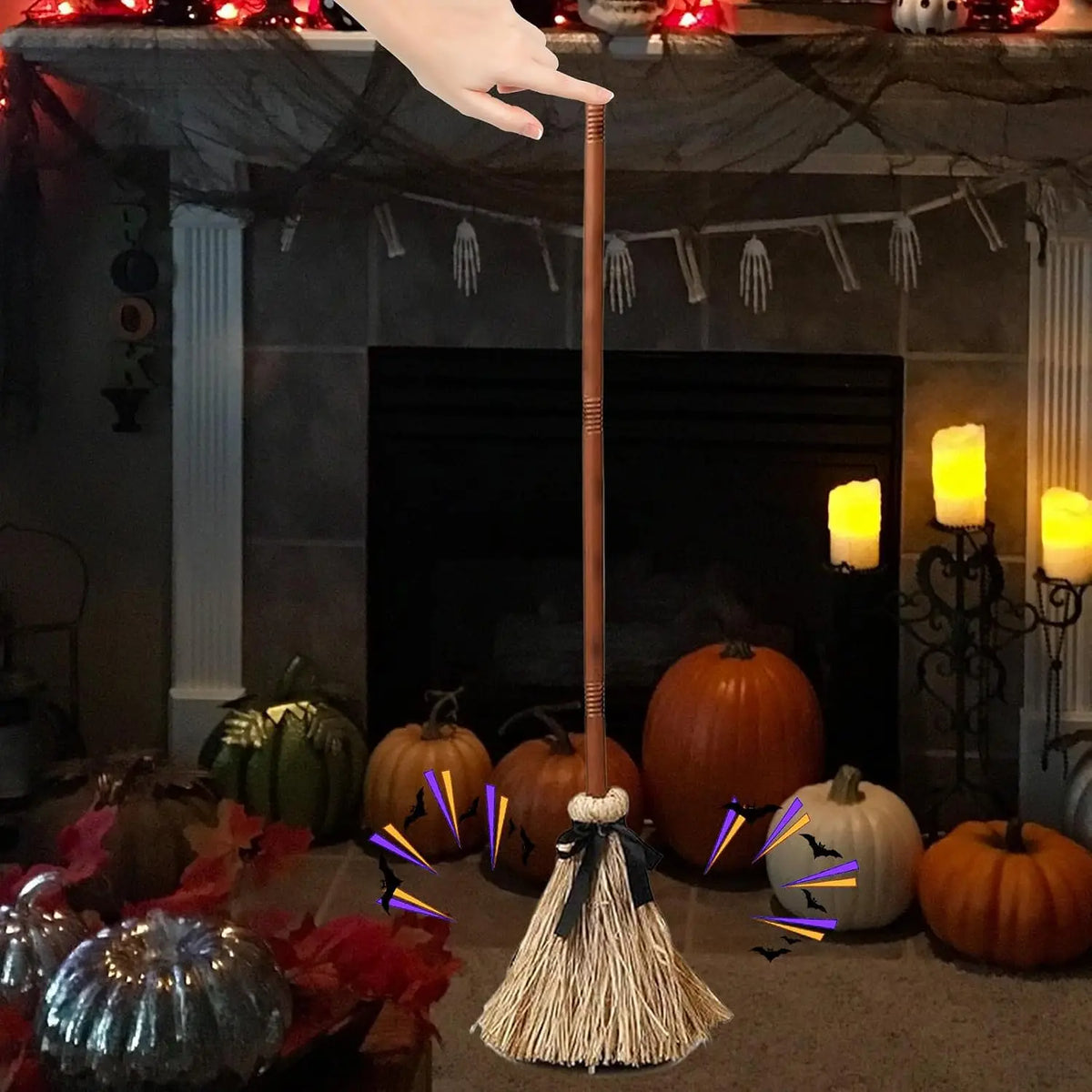 Halloween Floating Witch Broom with Witch Hat Haunted Dancing Moving Prop with Ghost Sounds Terror Atmosphere Home Party Decor - Grab & Glow