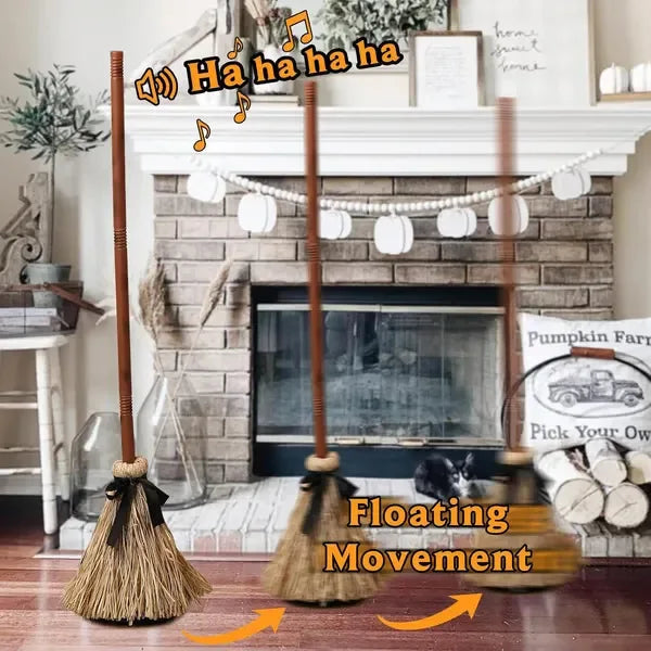 Halloween Floating Witch Broom with Witch Hat Haunted Dancing Moving Prop with Ghost Sounds Terror Atmosphere Home Party Decor - Grab & Glow
