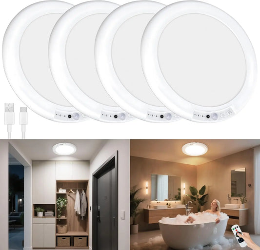 2/4Pcs Rechargeable Ceiling Lights, Motion Sensor Lights No Wiring, Wireless Closet Lights Battery Operated, for Bathroom Laundry Room Kitchen Porch Stair Hallway Shower Pantry Garage by Grab & Glow