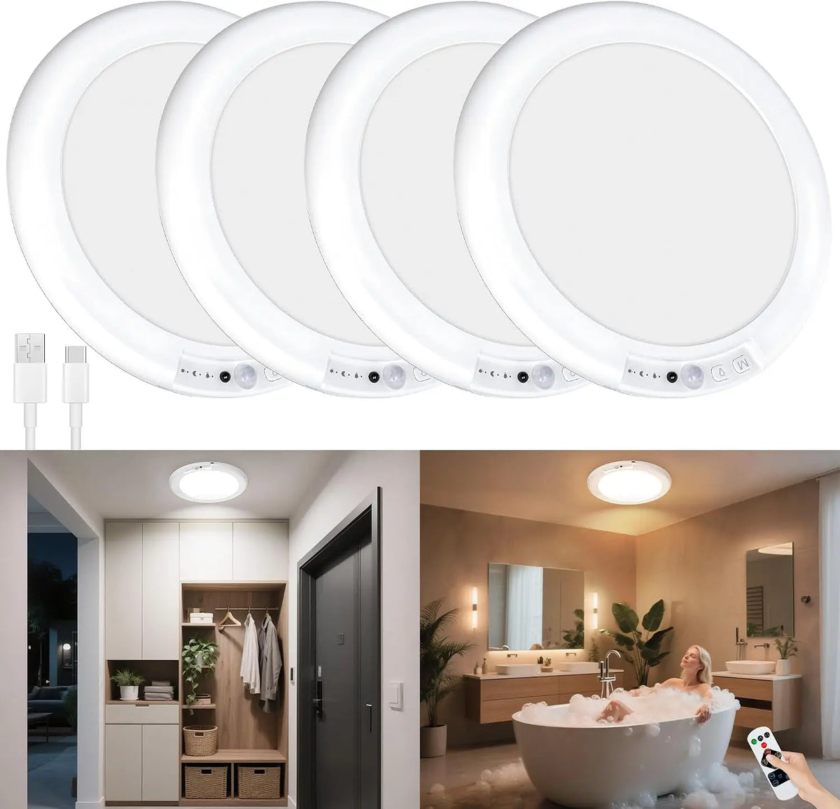 2/4Pcs Rechargeable Ceiling Lights, Motion Sensor Lights No Wiring, Wireless Closet Lights Battery Operated, for Bathroom Laundry Room Kitchen Porch Stair Hallway Shower Pantry Garage by Grab & Glow
