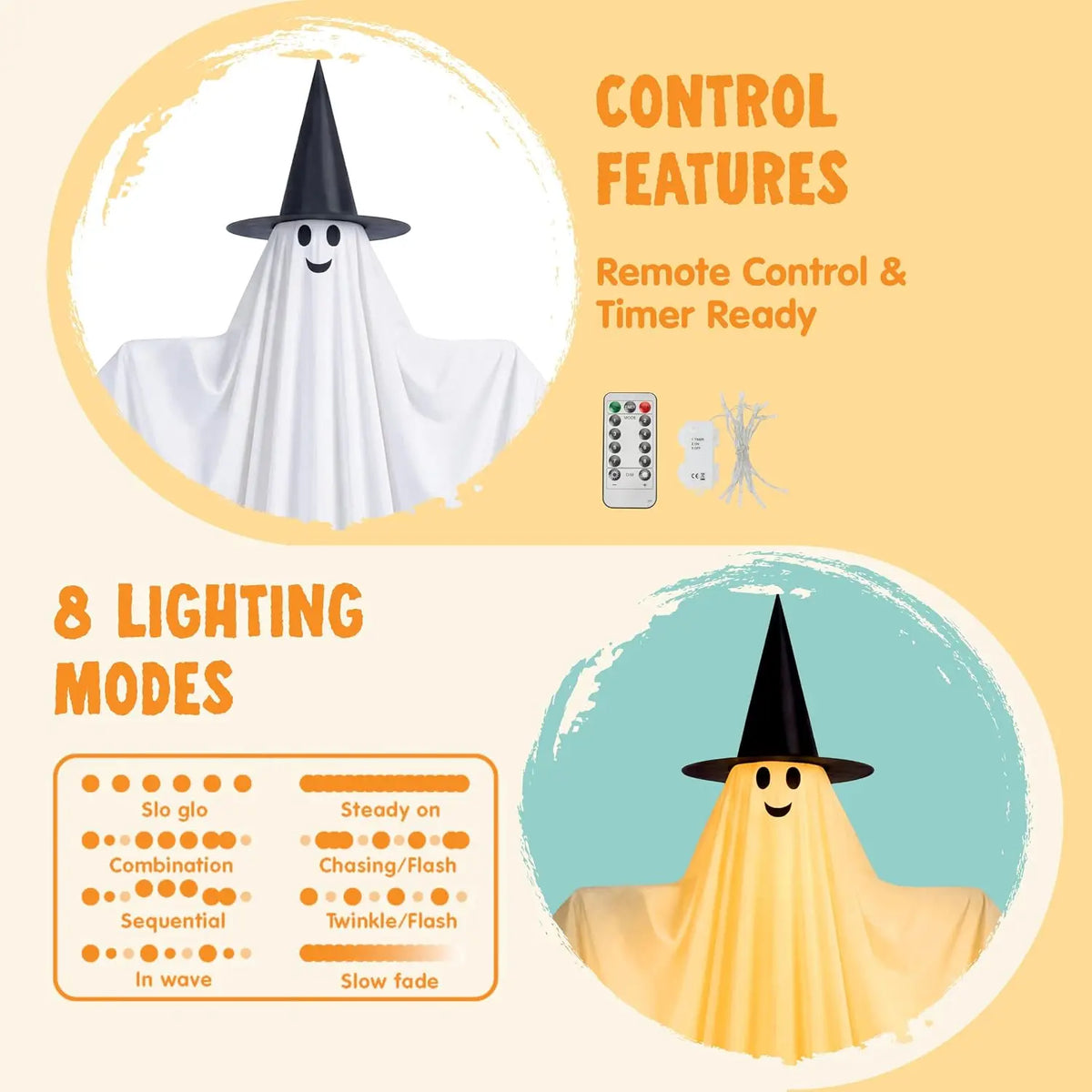 2Pcs Outdoor Halloween Decorations 55" Standing Ghost and 23" Dog Ghost Cute Set with Warm White LED Lights 8 Lightng Modes & Timer for Yard Lawn Party Favors and Halloween Decor Outside Indoor by Grab & Glow