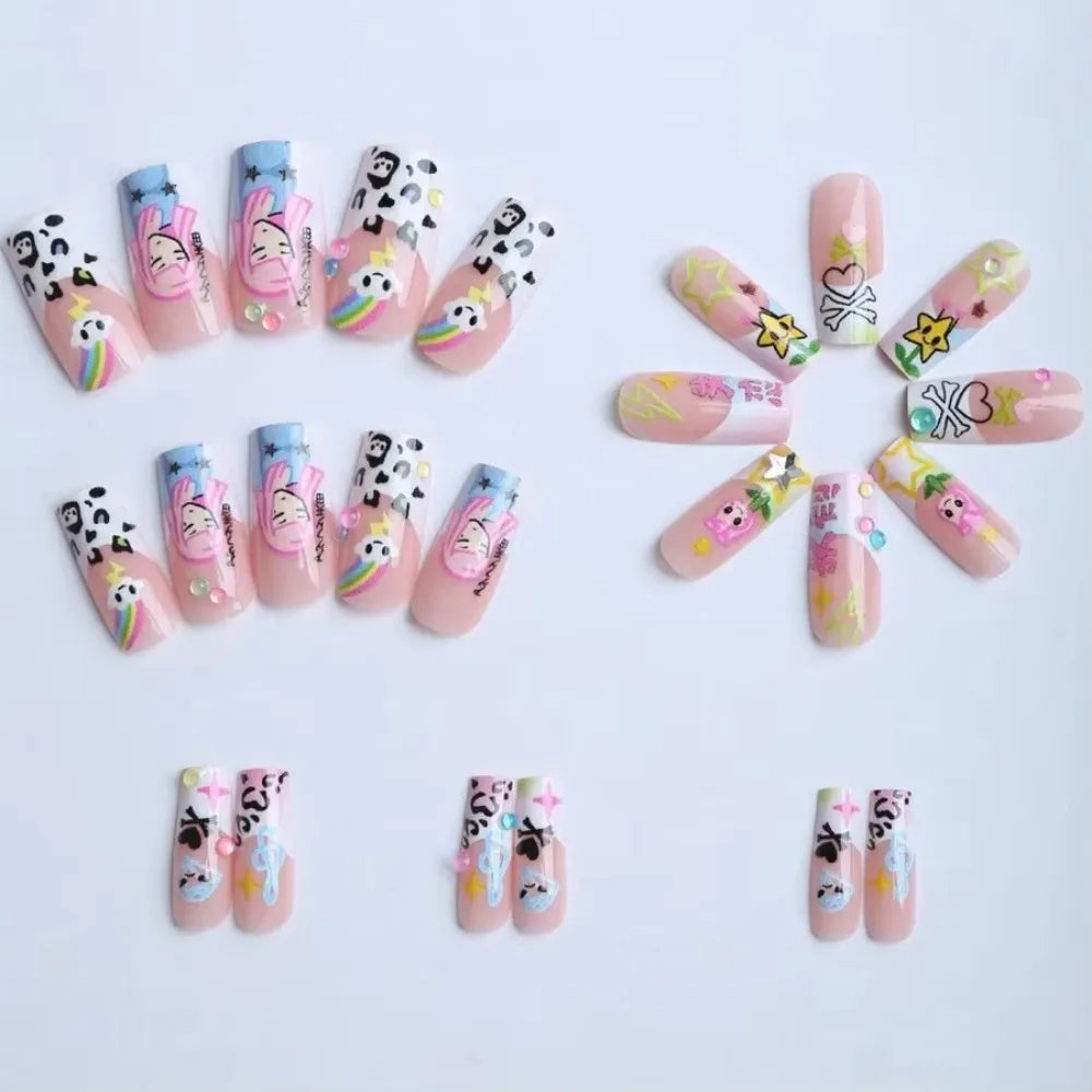 24Pcs Y2K Japanese Cartoon Girl Rainbow Long Press On Nails, Cute Reusable Wearable Nails For Daily by Grab & Glow