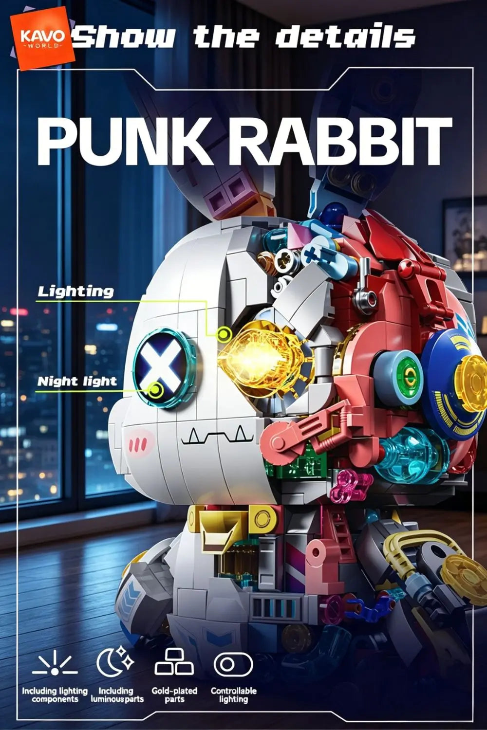 KAVOWORLD 1377PCS Robot Rabbit Building Blocks Set LED Light Up Multi-Point Rotatable Detachable Base DIY Cyberpunk Mecha Building Rabbit Bricks Kit Mechanical Bunny Construction Toy for Home Office Desk Decor Christmas Birth - Grab & Glow