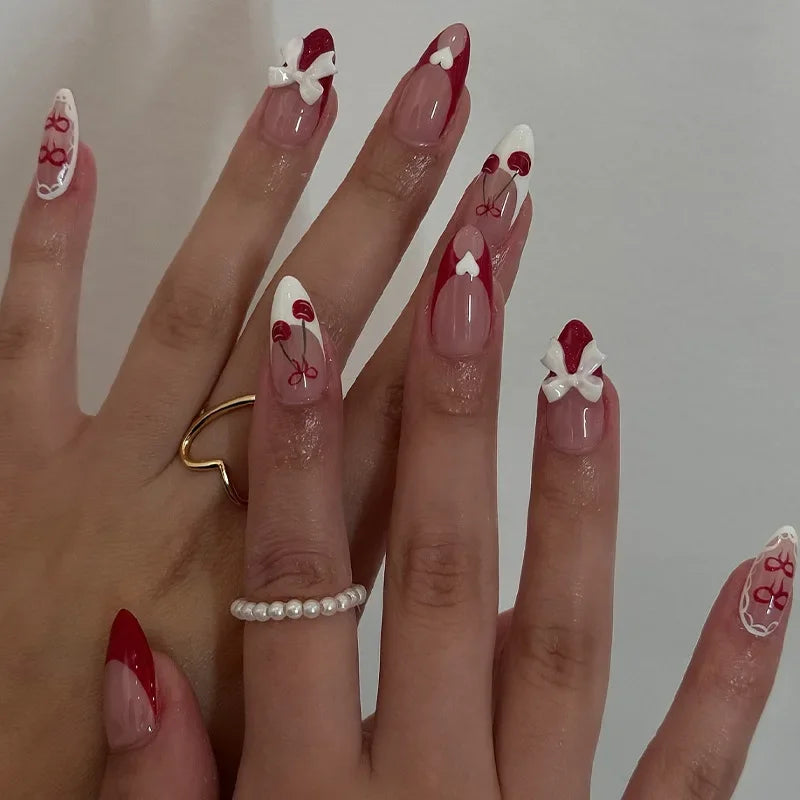 Charming Blush Press On Nails – 24PC Almond Shaped with Sweet Hearts and Bows - Grab & Glow