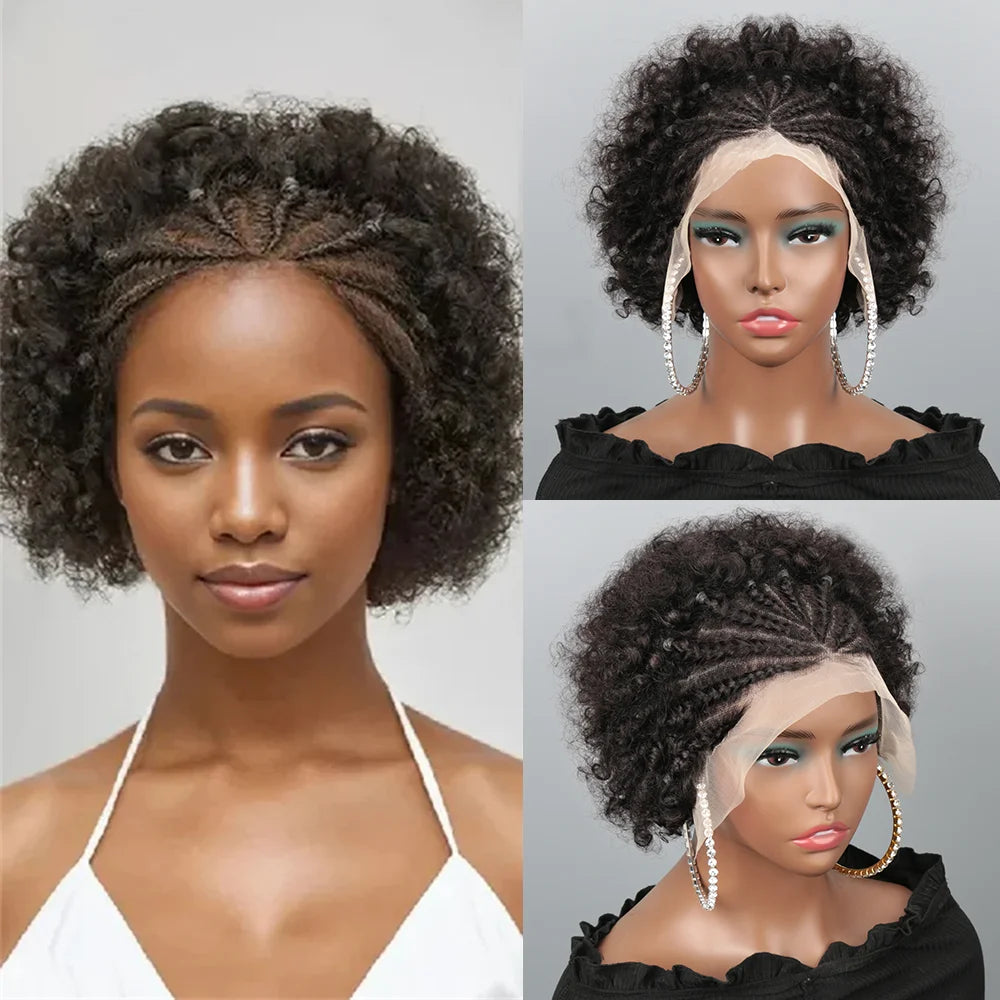 Afro Puff 13x4 Lace Frontal Human Hair With Pre Made Cornrow Braided Kinky Curly Wig With Baby HairHair Wig for Woman - Grab & Glow