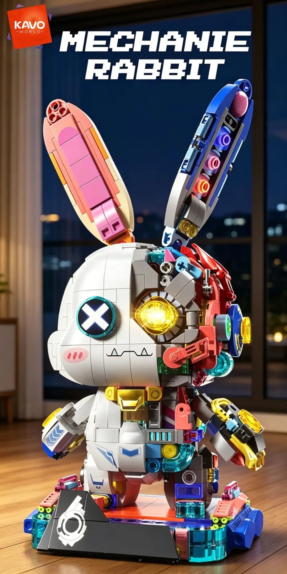 KAVOWORLD 1377PCS Robot Rabbit Building Blocks Set LED Light Up Multi-Point Rotatable Detachable Base DIY Cyberpunk Mecha Building Rabbit Bricks Kit Mechanical Bunny Construction Toy for Home Office Desk Decor Christmas Birth - Grab & Glow