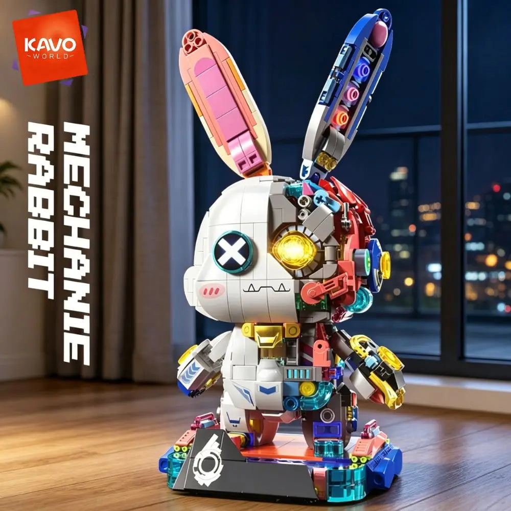 KAVOWORLD 1377PCS Robot Rabbit Building Blocks Set LED Light Up Multi-Point Rotatable Detachable Base DIY Cyberpunk Mecha Building Rabbit Bricks Kit Mechanical Bunny Construction Toy for Home Office Desk Decor Christmas Birth - Grab & Glow