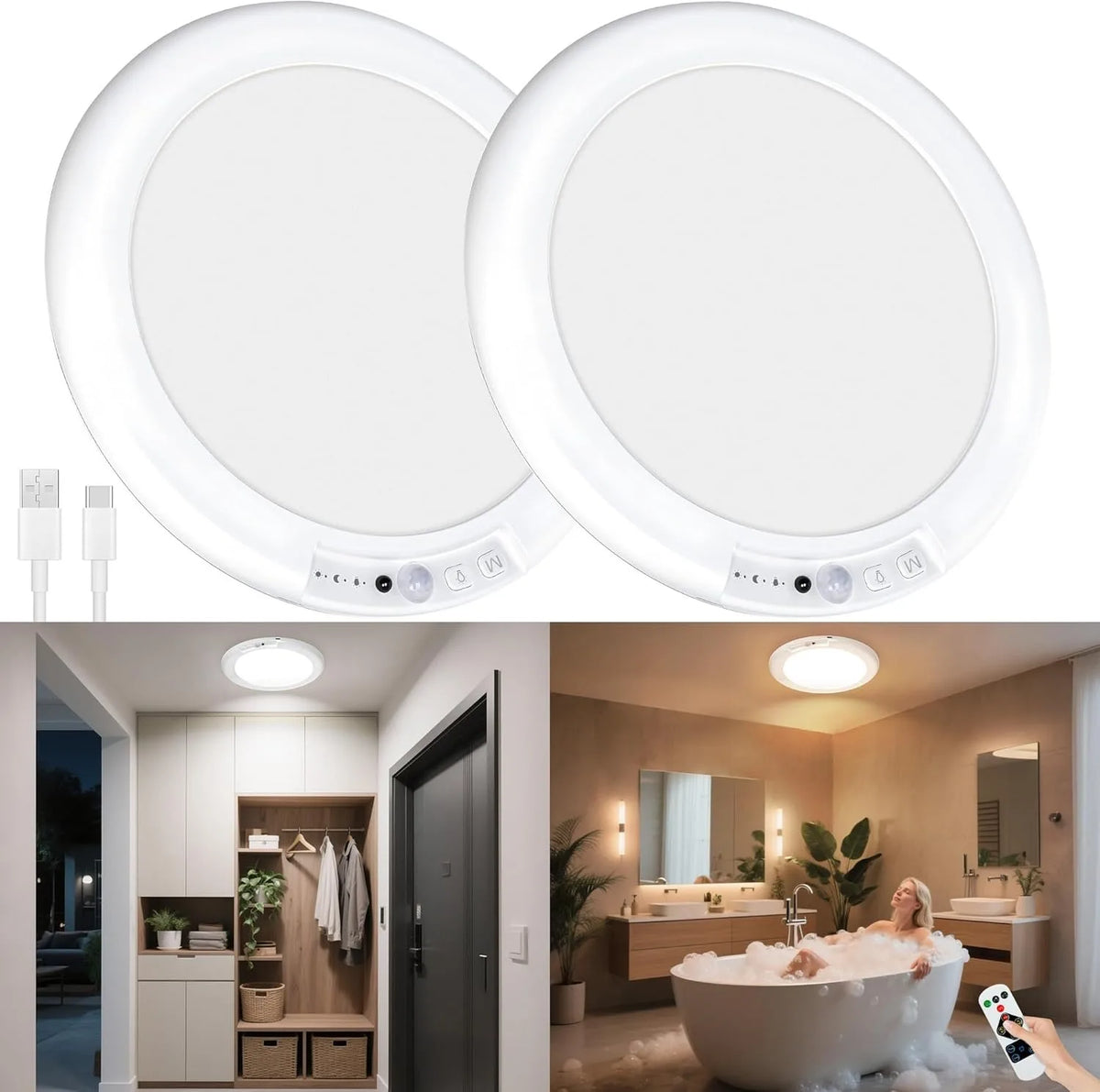 2/4Pcs Rechargeable Ceiling Lights, Motion Sensor Lights No Wiring, Wireless Closet Lights Battery Operated, for Bathroom Laundry Room Kitchen Porch Stair Hallway Shower Pantry Garage by Grab & Glow