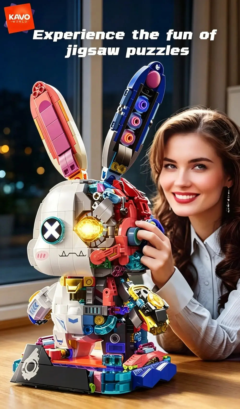 KAVOWORLD 1377PCS Robot Rabbit Building Blocks Set LED Light Up Multi-Point Rotatable Detachable Base DIY Cyberpunk Mecha Building Rabbit Bricks Kit Mechanical Bunny Construction Toy for Home Office Desk Decor Christmas Birth - Grab & Glow