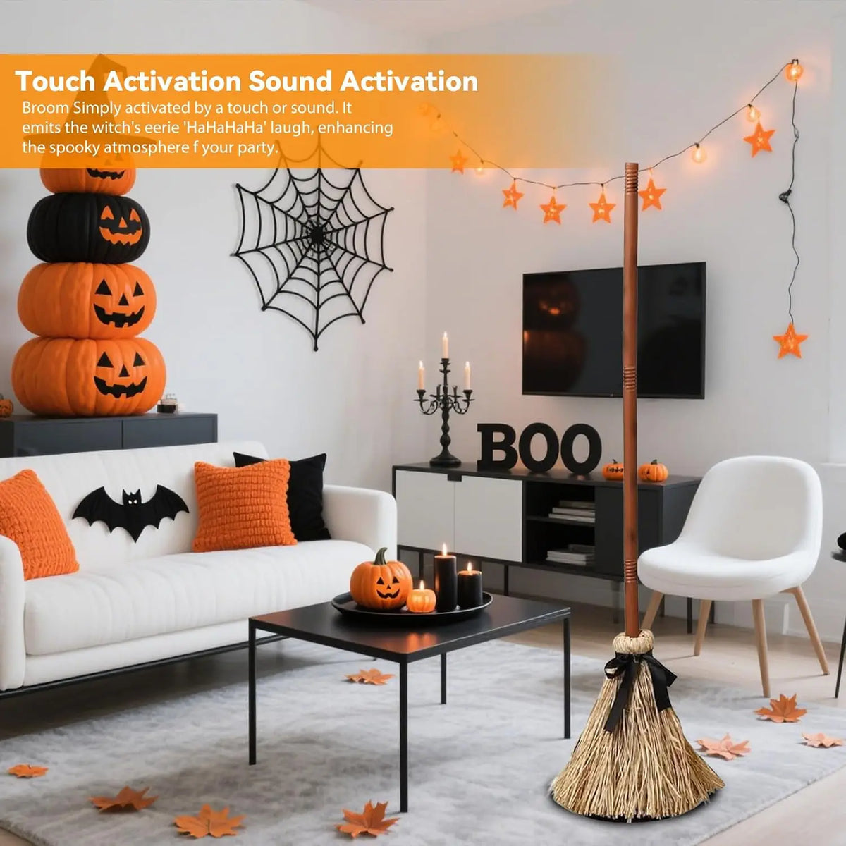 Halloween Floating Witch Broom with Witch Hat Haunted Dancing Moving Prop with Ghost Sounds Terror Atmosphere Home Party Decor - Grab & Glow