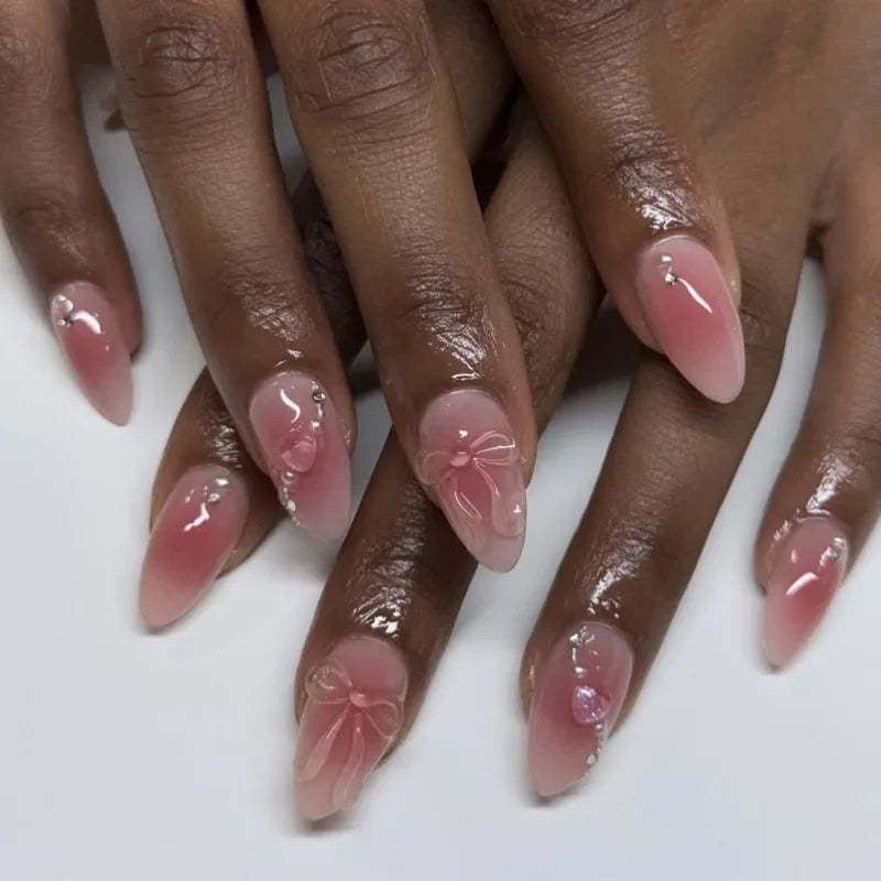 Charming Blush Press On Nails – 24PC Almond Shaped with Sweet Hearts and Bows - Grab & Glow