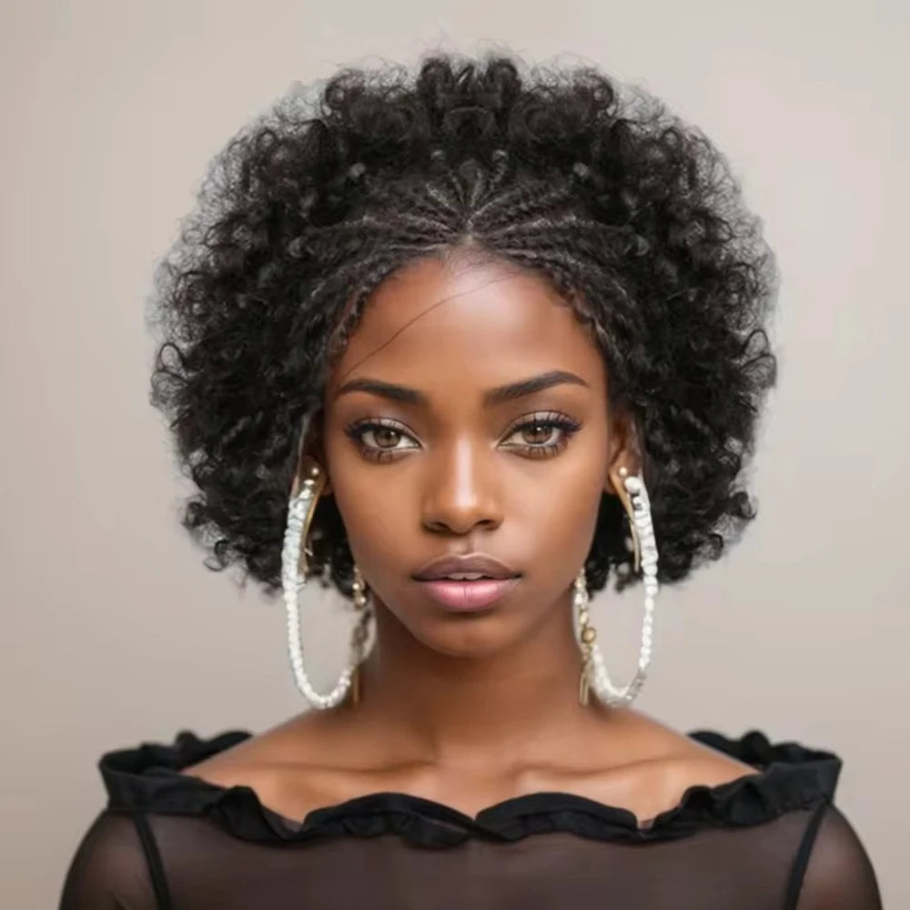 Afro Puff 13x4 Lace Frontal Human Hair With Pre Made Cornrow Braided Kinky Curly Wig With Baby HairHair Wig for Woman - Grab & Glow