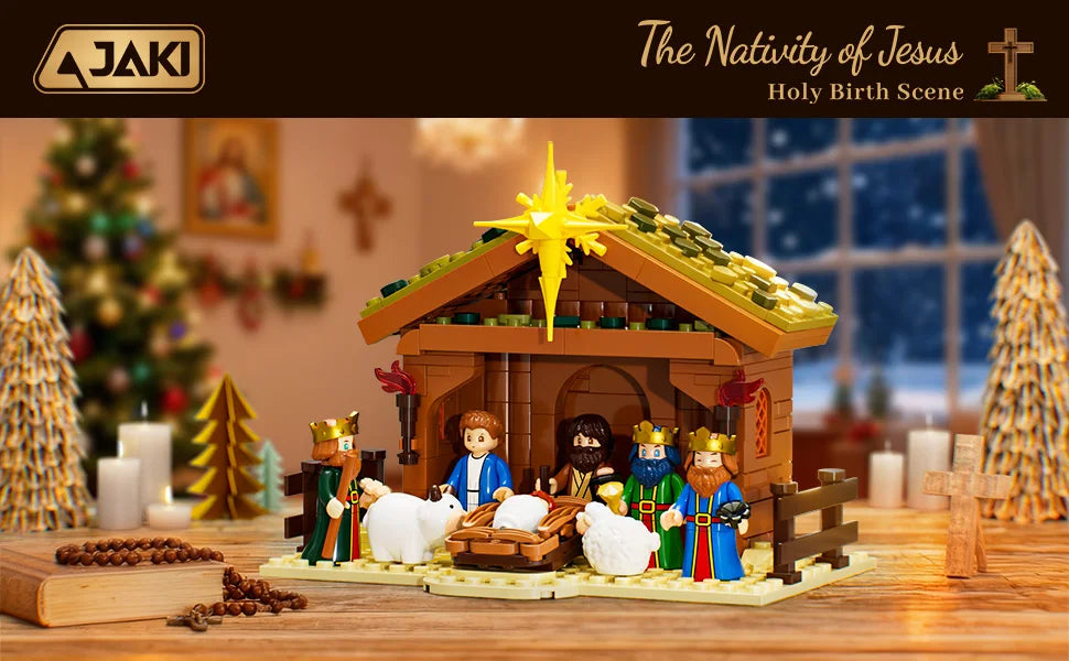 JAKI Christmas Nativity Scene Set Building Blocks Model Kit Manger Stable Tabletop Holiday Decor Home Display Gift Collectors Christian Jesus Birth Xmas Village Decoration Ornaments Halloween Birthday by Grab & Glow