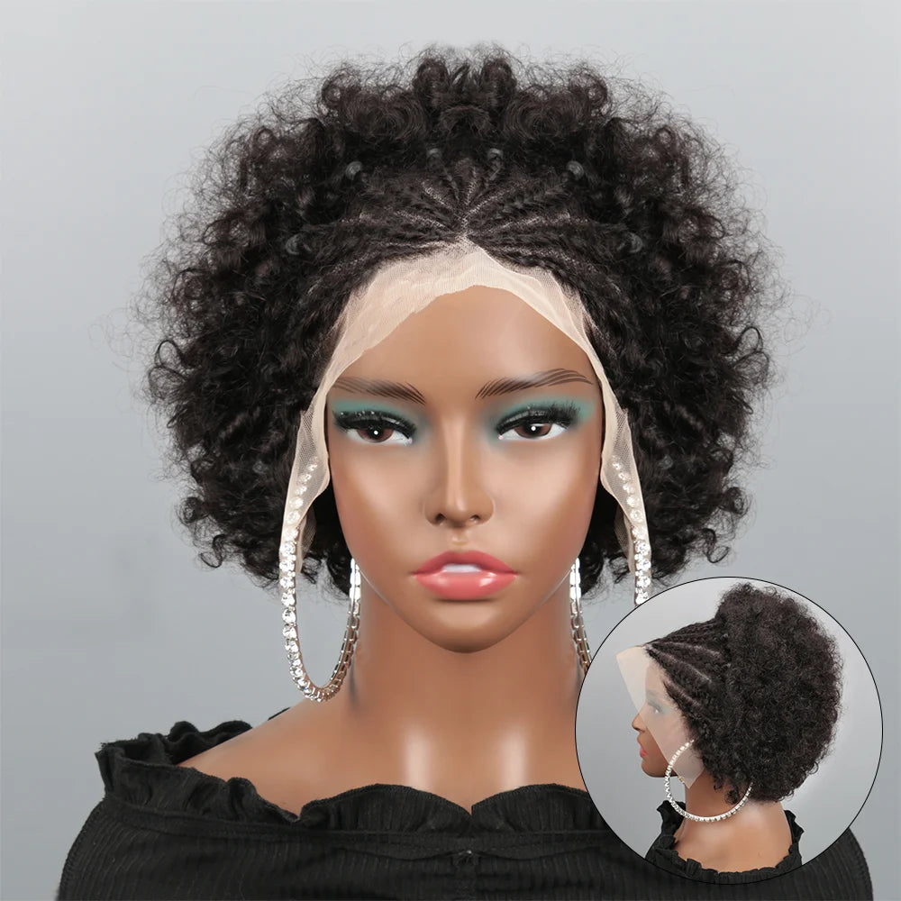 Afro Puff 13x4 Lace Frontal Human Hair With Pre Made Cornrow Braided Kinky Curly Wig With Baby HairHair Wig for Woman - Grab & Glow