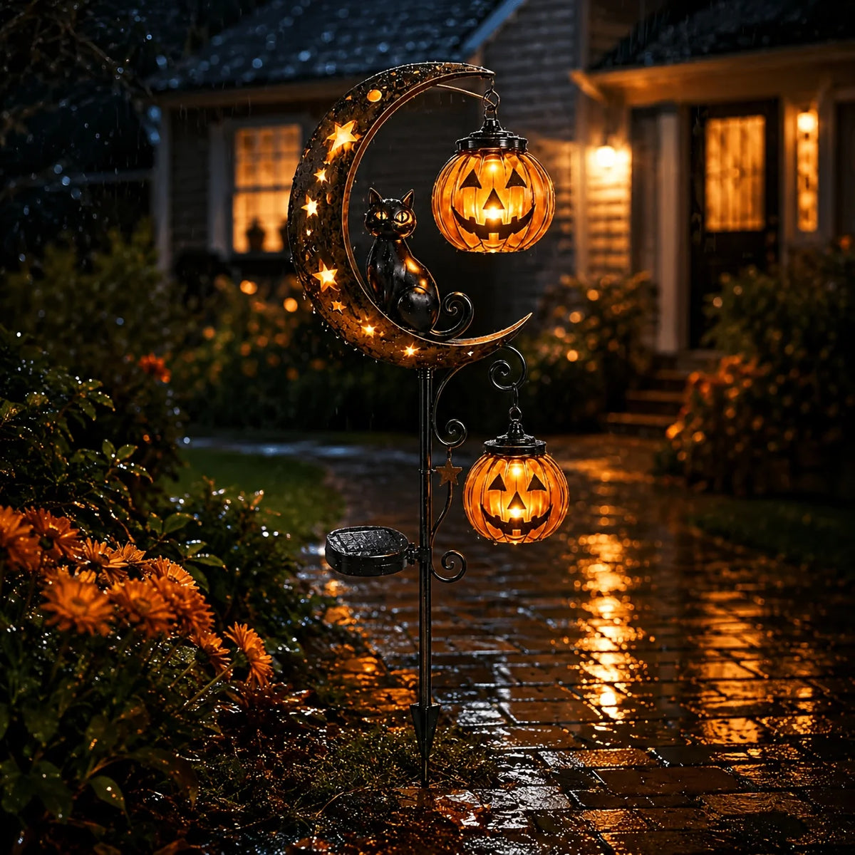 For Halloween Solar Garden Stake Lights, Crescent Moon Black Cat Double Pumpkin Lantern LED Path Light, Auto On/Off Warm Spooky Glow Jack O Lantern Yard Lawn Patio Decor, Rustic Iron Weather Resistant Outdoor Ornament for Hal by Grab & Glow