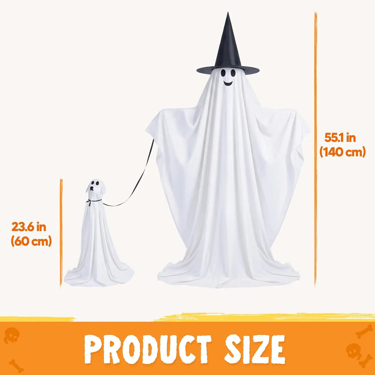 2Pcs Outdoor Halloween Decorations 55" Standing Ghost and 23" Dog Ghost Cute Set with Warm White LED Lights 8 Lightng Modes & Timer for Yard Lawn Party Favors and Halloween Decor Outside Indoor by Grab & Glow
