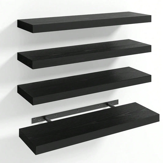 4 Pack Floating Shelves Modern Black Wood Wall Shelves Storage Shelving Unit With Invisible Metal Brackets Display Rack For Bathroom Living Room Bedroom Kitchen Housewarming Gift by Grab & Glow