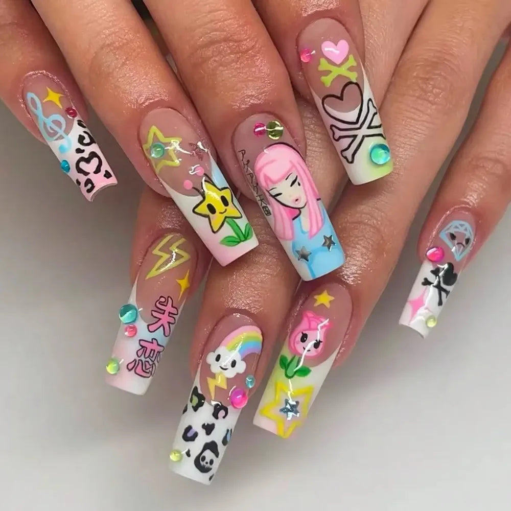 24Pcs Y2K Japanese Cartoon Girl Rainbow Long Press On Nails, Cute Reusable Wearable Nails For Daily by Grab & Glow