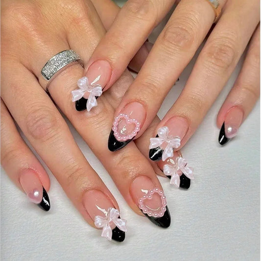Charming Blush Press On Nails – 24PC Almond Shaped with Sweet Hearts and Bows - Grab & Glow