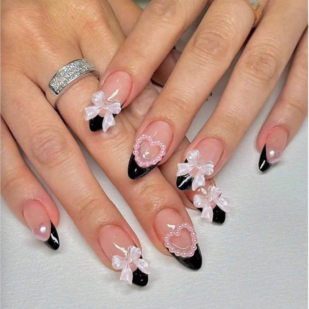 Charming Blush Press On Nails – 24PC Almond Shaped with Sweet Hearts and Bows - Grab & Glow