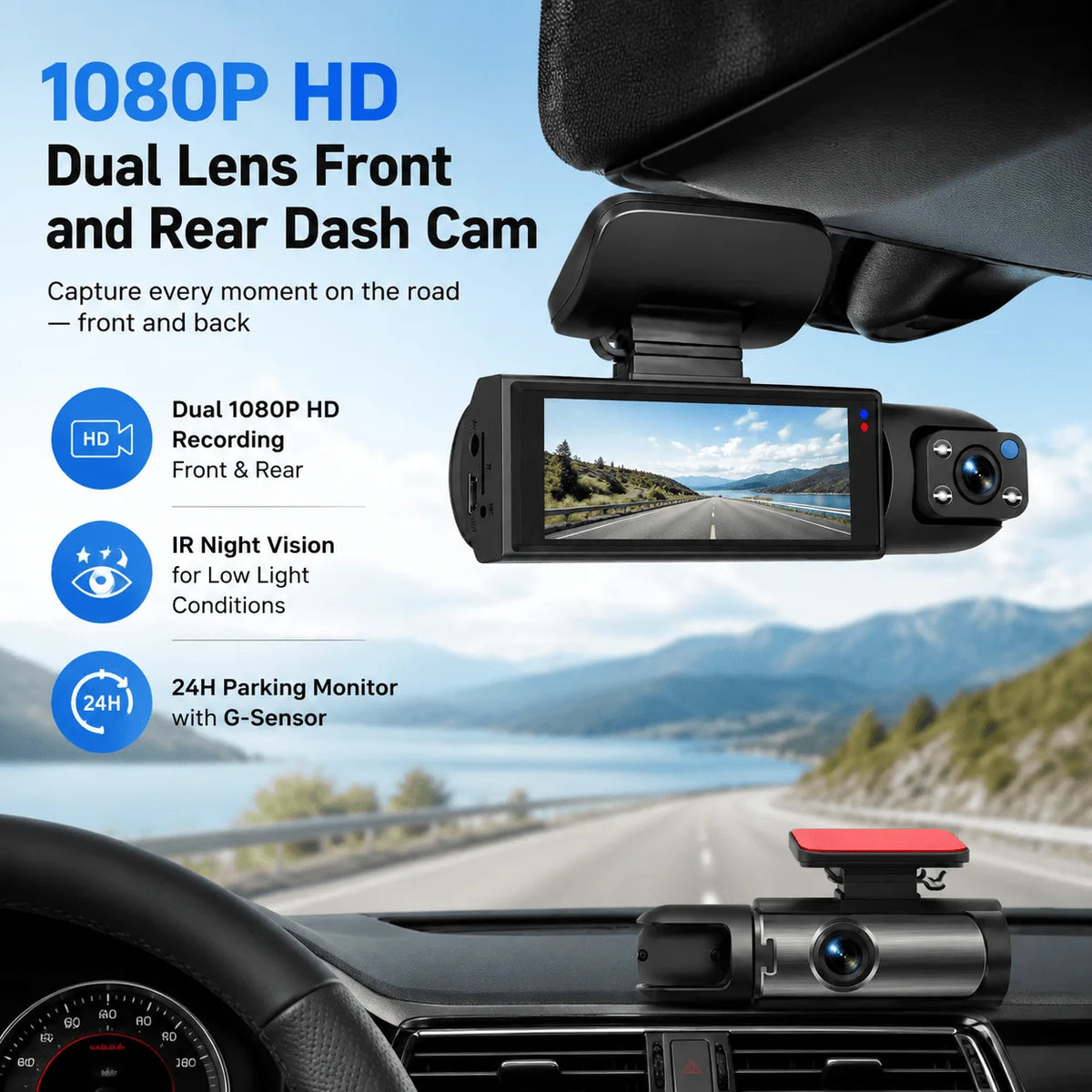 1080P HD Dual Lens Front and Rear Car Dash Cam Driving Recorder IR Night Vision G Sensor Parking Mode Motion Detection Three Point One Six Inch IPS Screen Wide Angle Loop Recording Supports One Hundred Twenty Eight GB Max H26 - Grab & Glow