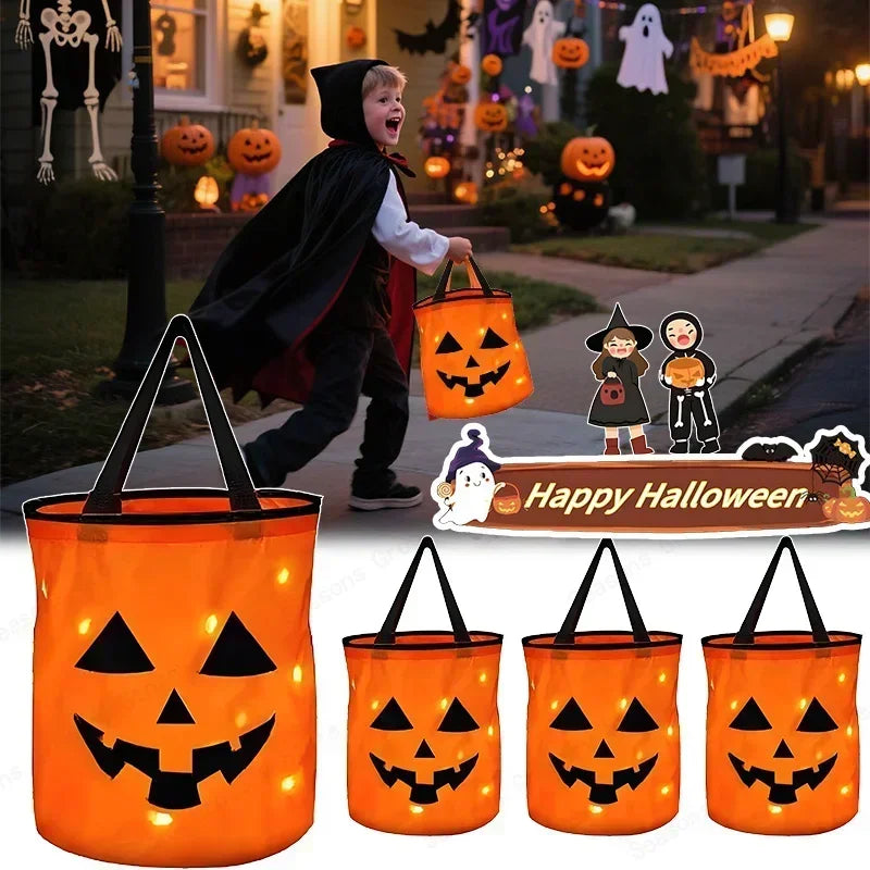LED Glowing Pumpkin Candy Bag Reusable Halloween Christmas Treat Bag Battery Powered Light for Holiday Candy Exchange Christmas Gift by Grab & Glow
