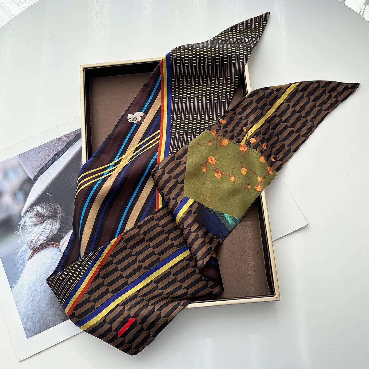 Skinny Scarf for Women Silk Ribbon, Elegant Print Neckerchief, Hair Band Handbag Tie Wrist Belt Fashion Accessory Gift by Grab & Glow