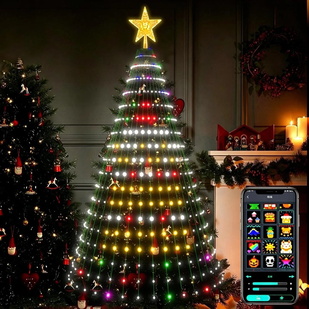 Bluetooth APP Controlled Christmas Tree Lights,DIY Programmable Pixel String Lights With Star Topper,Animation Picture Text Display LED Fairy Light,Waterfall Light For Xmas Tree Home Holiday Party Decor by Grab & Glow