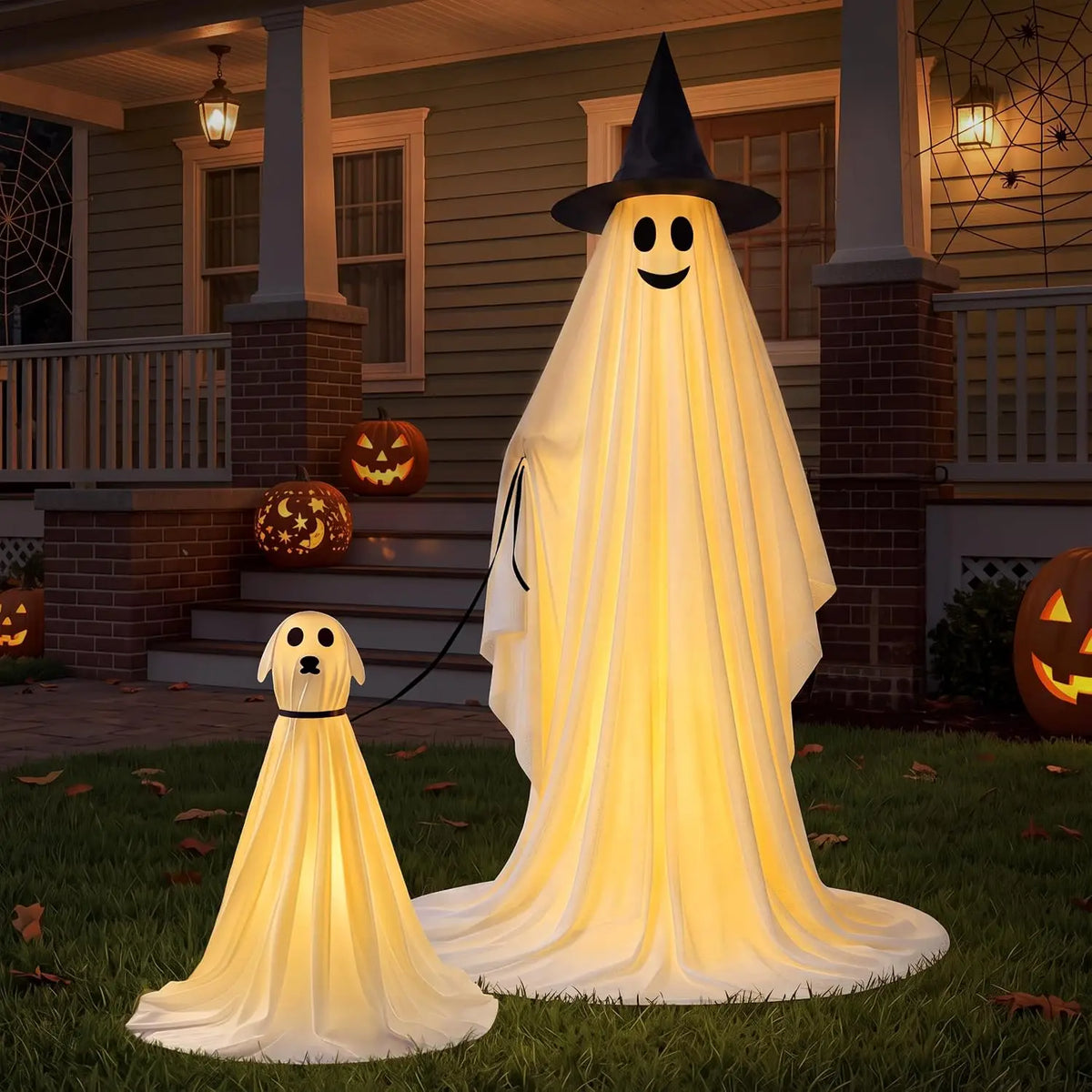 2Pcs Outdoor Halloween Decorations 55" Standing Ghost and 23" Dog Ghost Cute Set with Warm White LED Lights 8 Lightng Modes & Timer for Yard Lawn Party Favors and Halloween Decor Outside Indoor by Grab & Glow