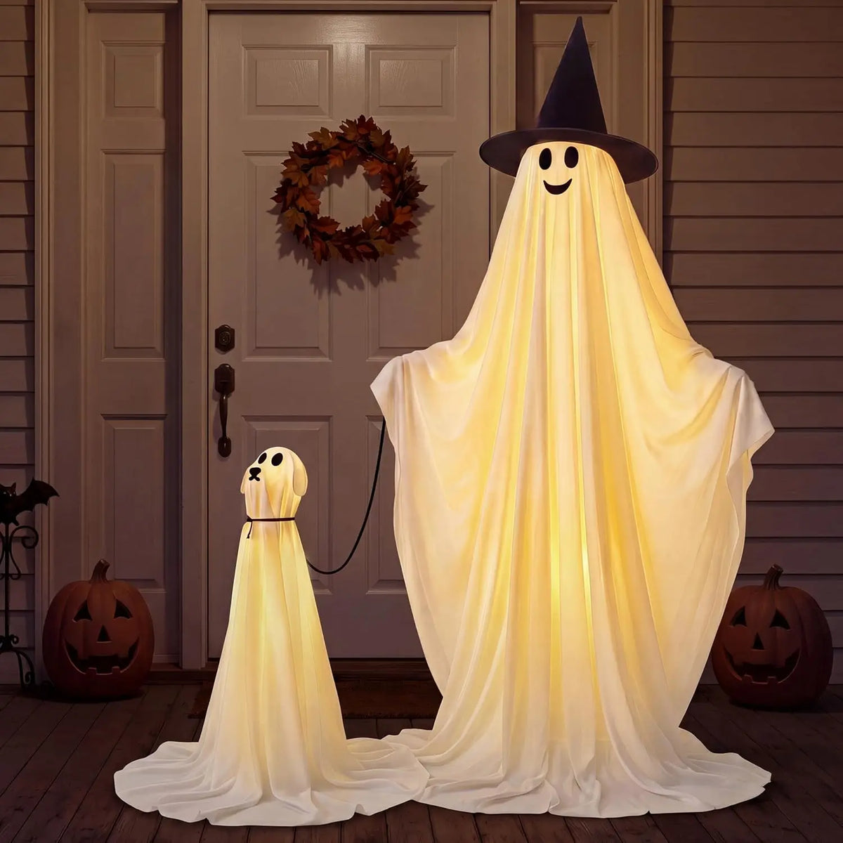 2Pcs Outdoor Halloween Decorations 55" Standing Ghost and 23" Dog Ghost Cute Set with Warm White LED Lights 8 Lightng Modes & Timer for Yard Lawn Party Favors and Halloween Decor Outside Indoor by Grab & Glow