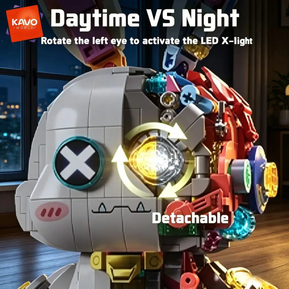 KAVOWORLD 1377PCS Robot Rabbit Building Blocks Set LED Light Up Multi-Point Rotatable Detachable Base DIY Cyberpunk Mecha Building Rabbit Bricks Kit Mechanical Bunny Construction Toy for Home Office Desk Decor Christmas Birth - Grab & Glow