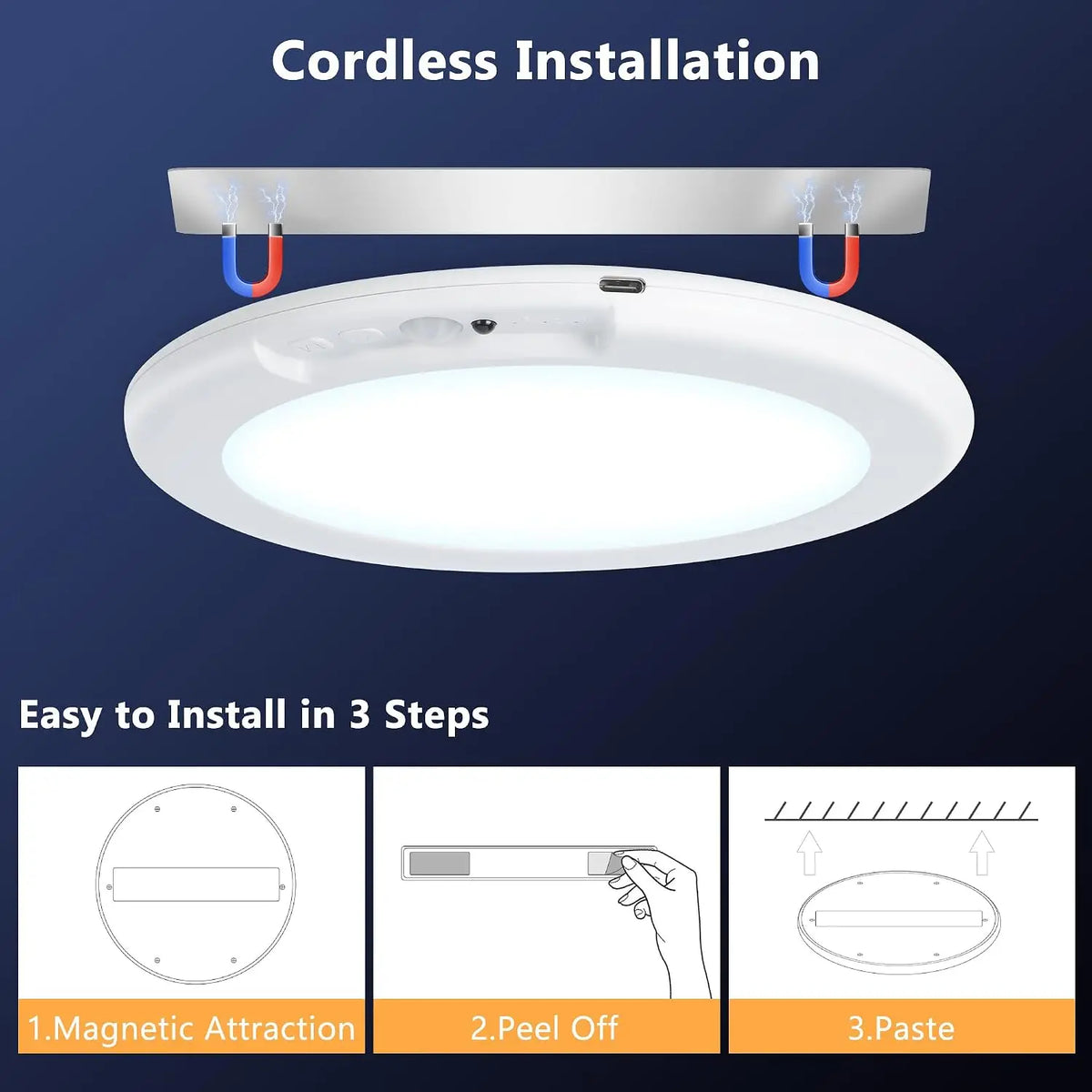 2/4Pcs Rechargeable Ceiling Lights, Motion Sensor Lights No Wiring, Wireless Closet Lights Battery Operated, for Bathroom Laundry Room Kitchen Porch Stair Hallway Shower Pantry Garage by Grab & Glow