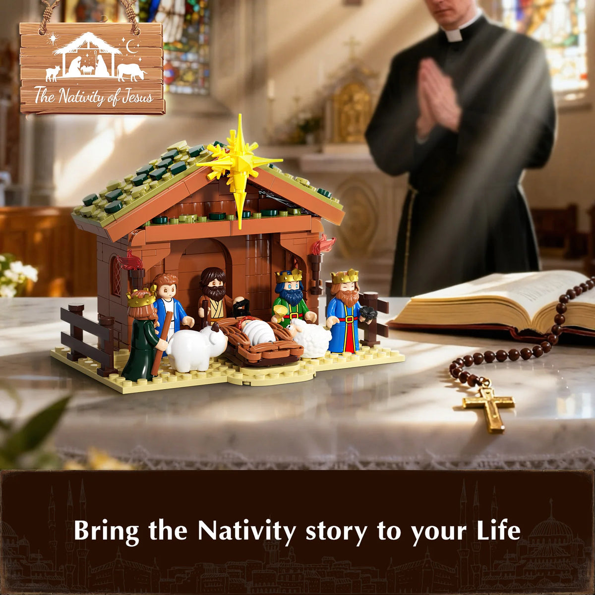 JAKI Christmas Nativity Scene Set Building Blocks Model Kit Manger Stable Tabletop Holiday Decor Home Display Gift Collectors Christian Jesus Birth Xmas Village Decoration Ornaments Halloween Birthday by Grab & Glow