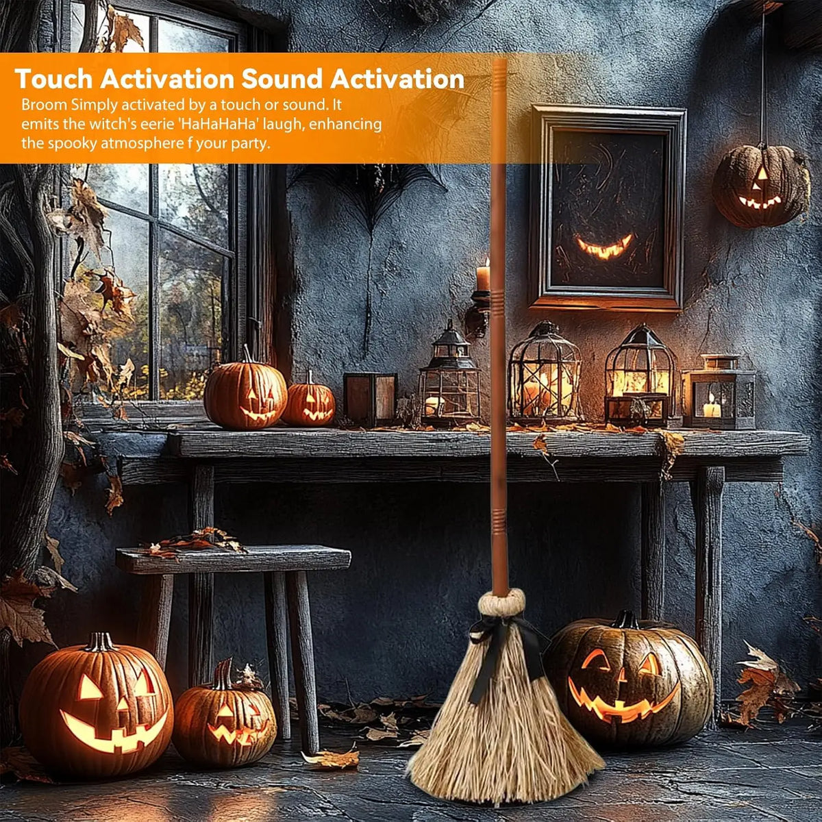 Halloween Floating Witch Broom with Witch Hat Haunted Dancing Moving Prop with Ghost Sounds Terror Atmosphere Home Party Decor - Grab & Glow