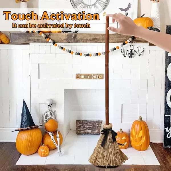 Halloween Floating Witch Broom with Witch Hat Haunted Dancing Moving Prop with Ghost Sounds Terror Atmosphere Home Party Decor - Grab & Glow