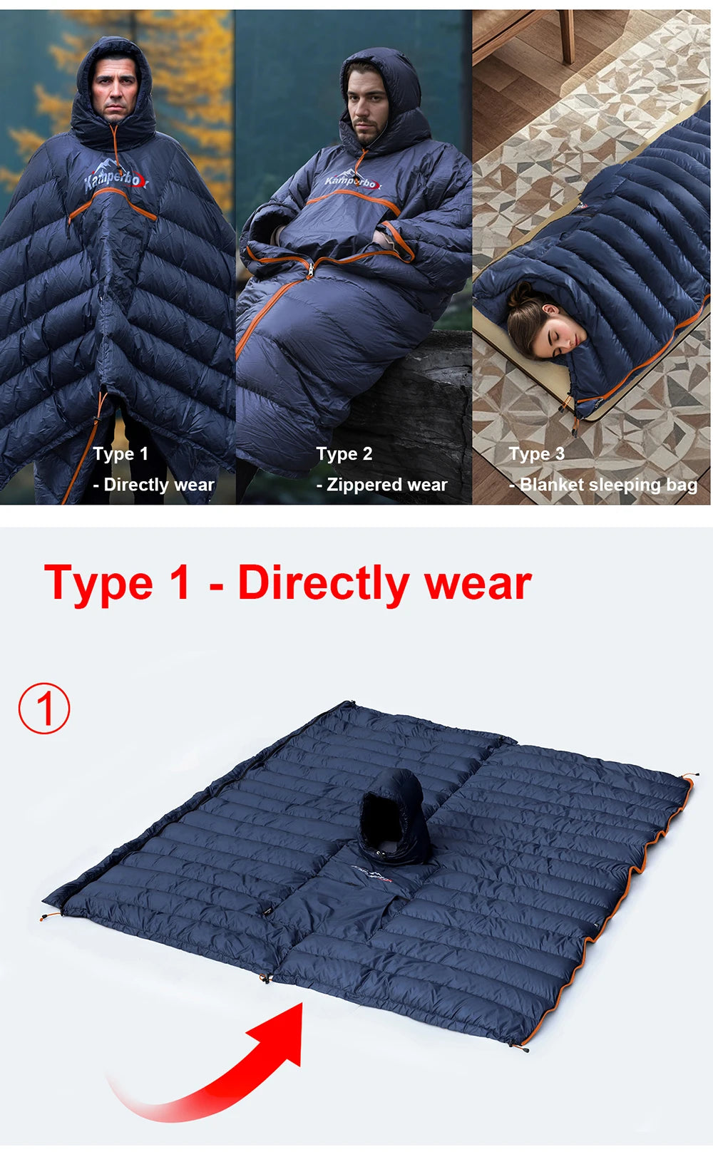 Kamperbox Winter Sleeping Bag Poncho Winter Camping Poncho Winter Wearable Sleeping Bag Camping Blanket PC600 by Grab & Glow
