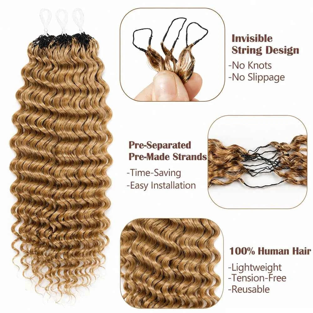 Miracle Knots Honey Blonde Deep Wave Feather Crochet Human Hair Extension Pre-Separated Knotless Invisble Crochet Braids Hair - Grab & Glow