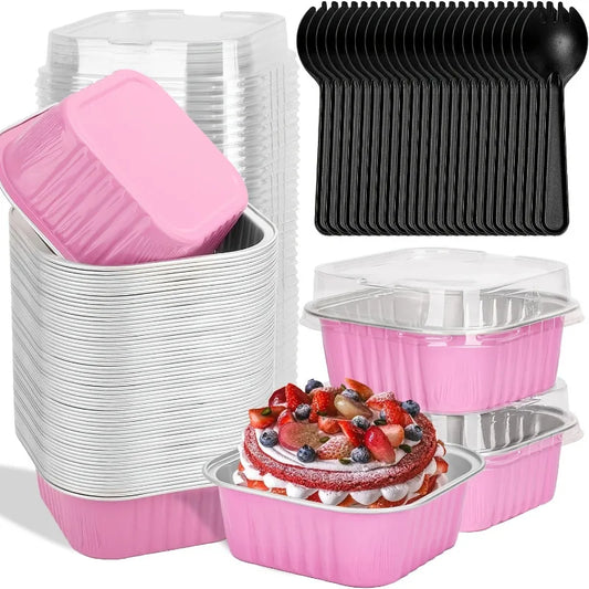 50 Pack 5oz 3.5×3.5in Mini Square Aluminum Foil Baking Pans with Pink/Black Lids, Disposable Individual Cake Tins with Rounded Smooth Edges, Easy Clean Trays for Mini Cakes, Brownies, Cheesecakes, Holiday & Party Desserts by Grab & Glow