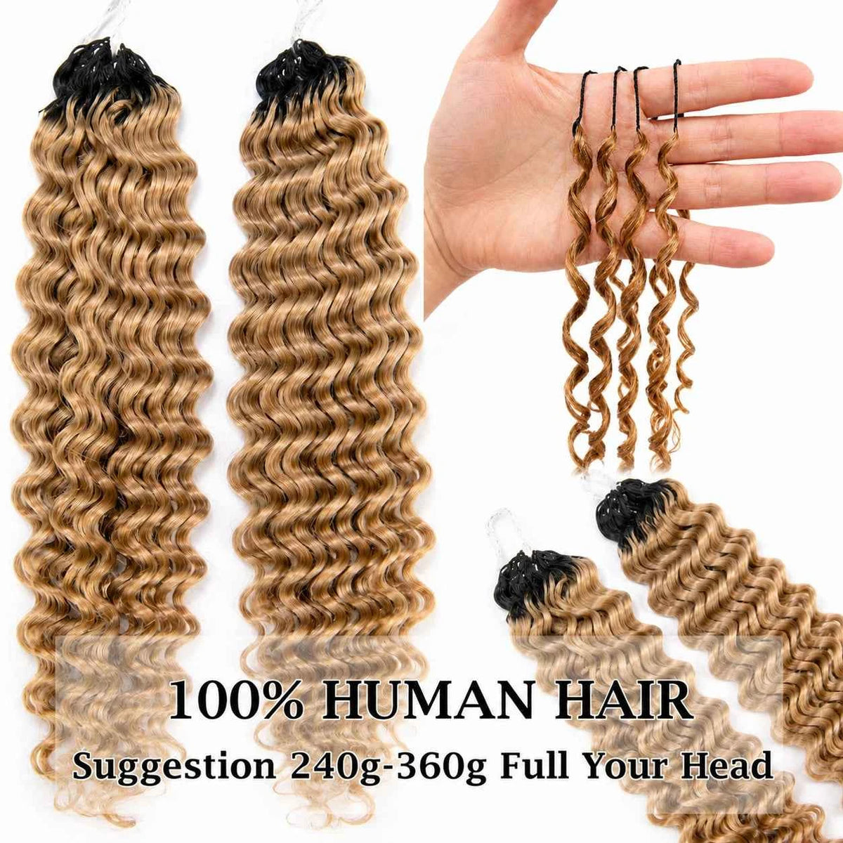 Miracle Knots Honey Blonde Deep Wave Feather Crochet Human Hair Extension Pre-Separated Knotless Invisble Crochet Braids Hair - Grab & Glow