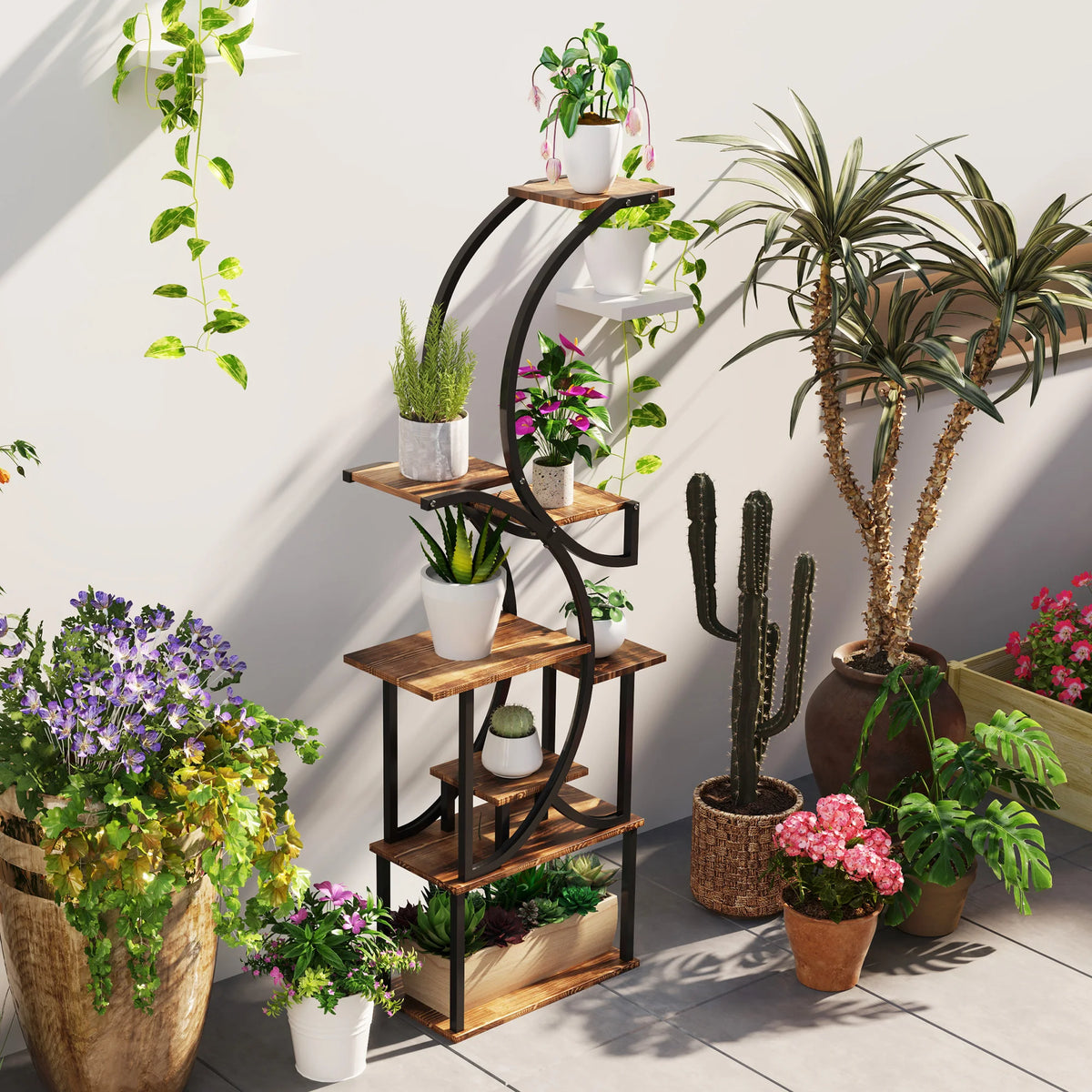 8-Tier Plant Stand, 62inch S-Shaped Plant Stands, Carbonized Treatment - Grab & Glow