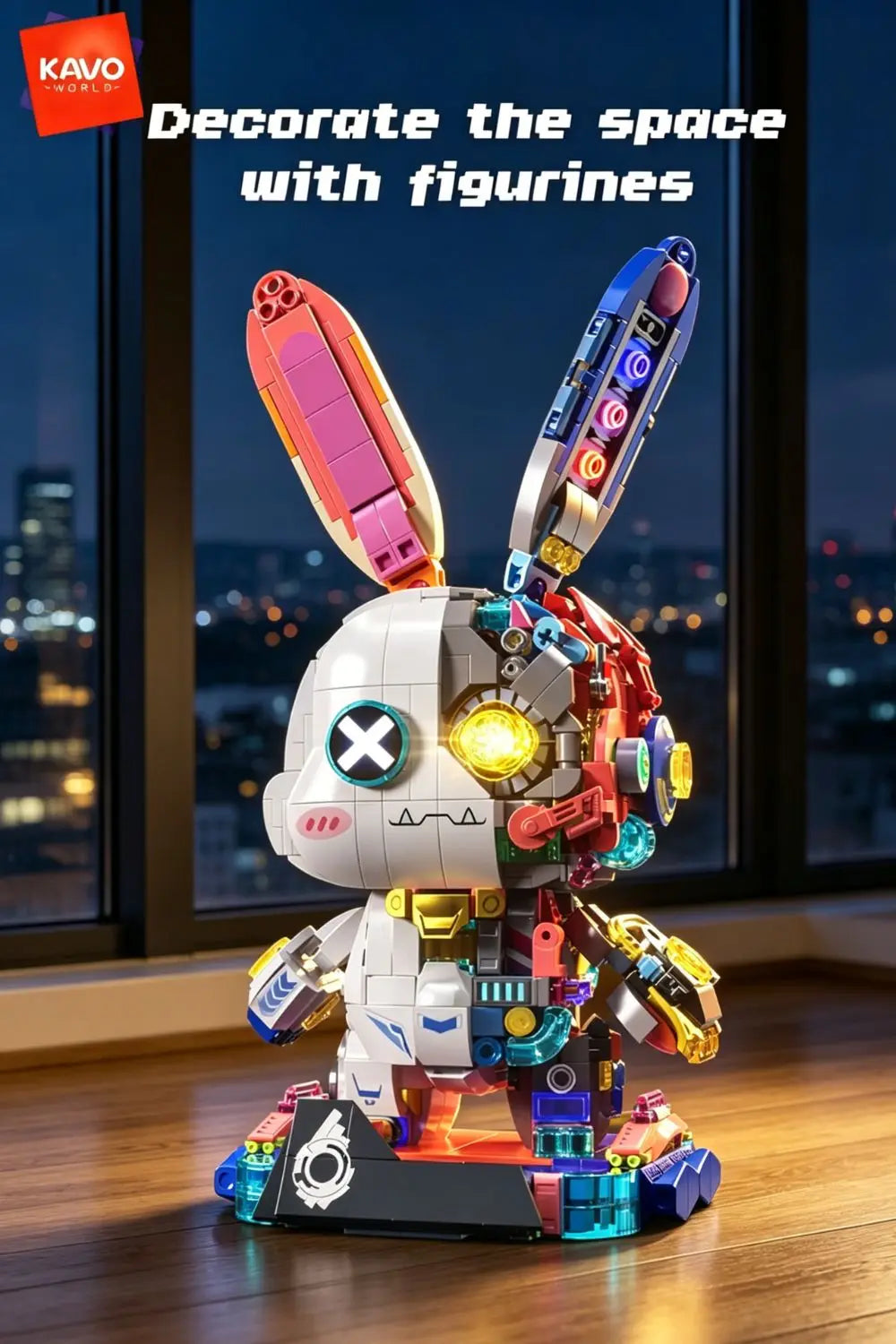 KAVOWORLD 1377PCS Robot Rabbit Building Blocks Set LED Light Up Multi-Point Rotatable Detachable Base DIY Cyberpunk Mecha Building Rabbit Bricks Kit Mechanical Bunny Construction Toy for Home Office Desk Decor Christmas Birth - Grab & Glow