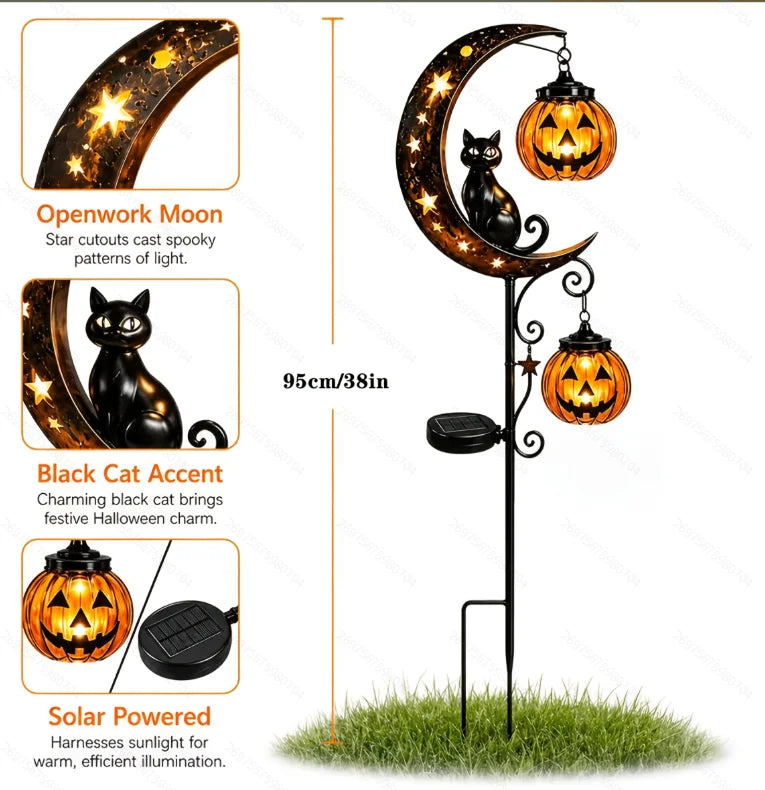 For Halloween Solar Garden Stake Lights, Crescent Moon Black Cat Double Pumpkin Lantern LED Path Light, Auto On/Off Warm Spooky Glow Jack O Lantern Yard Lawn Patio Decor, Rustic Iron Weather Resistant Outdoor Ornament for Hal by Grab & Glow