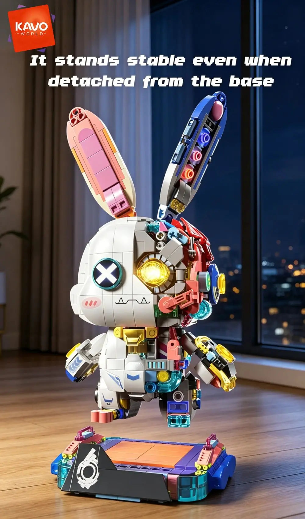 KAVOWORLD 1377PCS Robot Rabbit Building Blocks Set LED Light Up Multi-Point Rotatable Detachable Base DIY Cyberpunk Mecha Building Rabbit Bricks Kit Mechanical Bunny Construction Toy for Home Office Desk Decor Christmas Birth - Grab & Glow