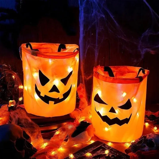 LED Glowing Pumpkin Candy Bag Reusable Halloween Christmas Treat Bag Battery Powered Light for Holiday Candy Exchange Christmas Gift by Grab & Glow