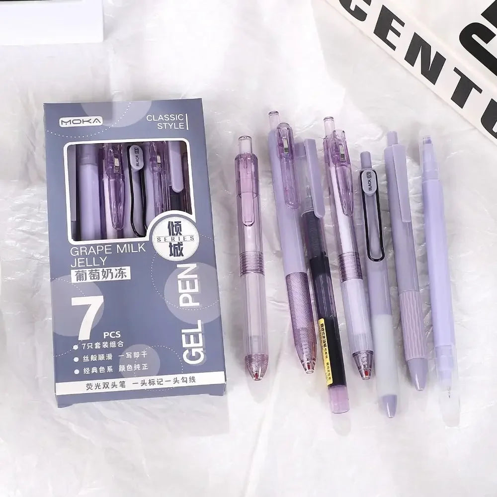 7Pcs 0.5mm Retractable Gel Pen Set Quick Dry Ink Smooth Writing Cute Stationery Gift Portable Office School Writing Supplies by Grab & Glow