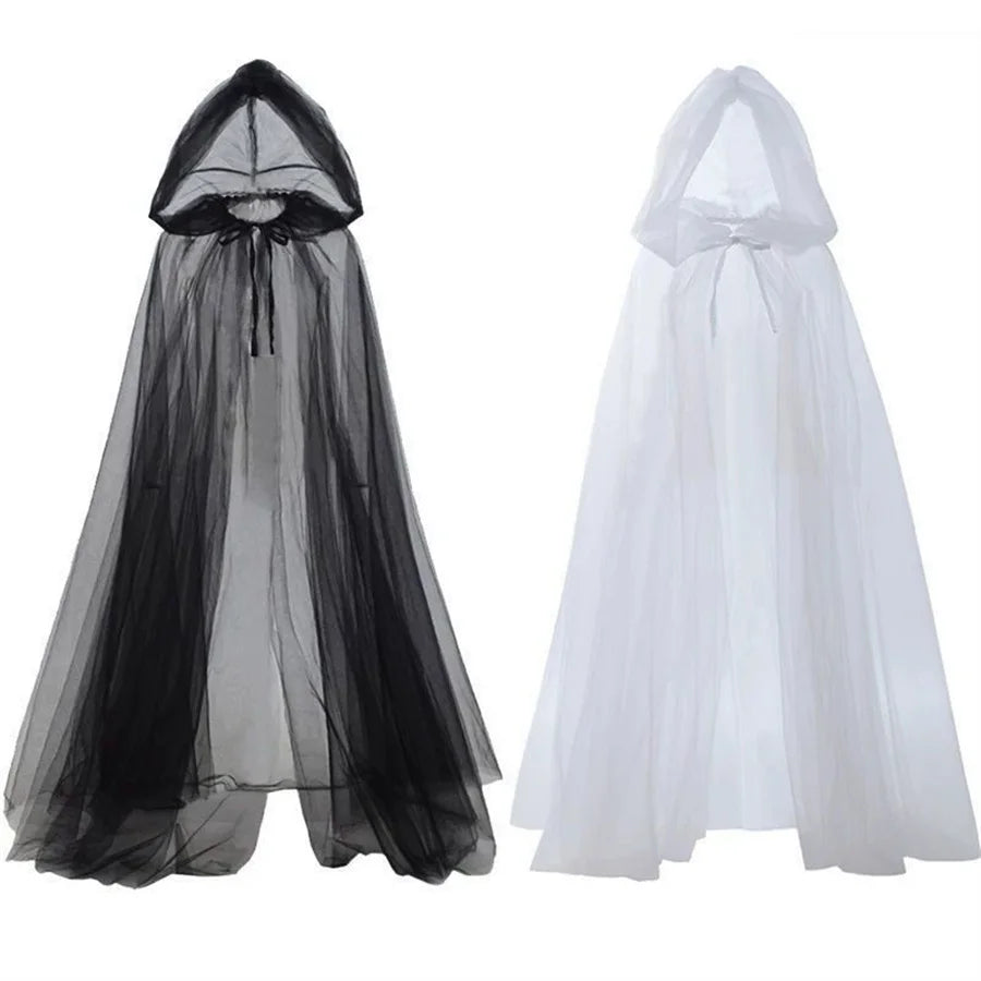 Halloween cosplay - ghost costume with hooded cloak, death god witch net-like long dress, full-length performance outfit - Grab & Glow