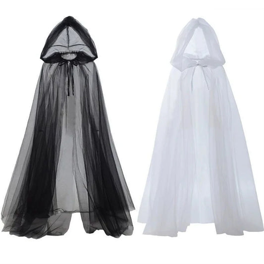 Halloween cosplay - ghost costume with hooded cloak, death god witch net-like long dress, full-length performance outfit - Grab & Glow