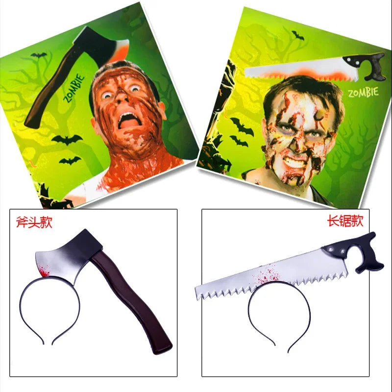 Halloween Horror Props Blood Fake Ax Saws Knife Headband for Halloween Party Masquerade Mischief Props Decoration Supplies - Grab & Glow