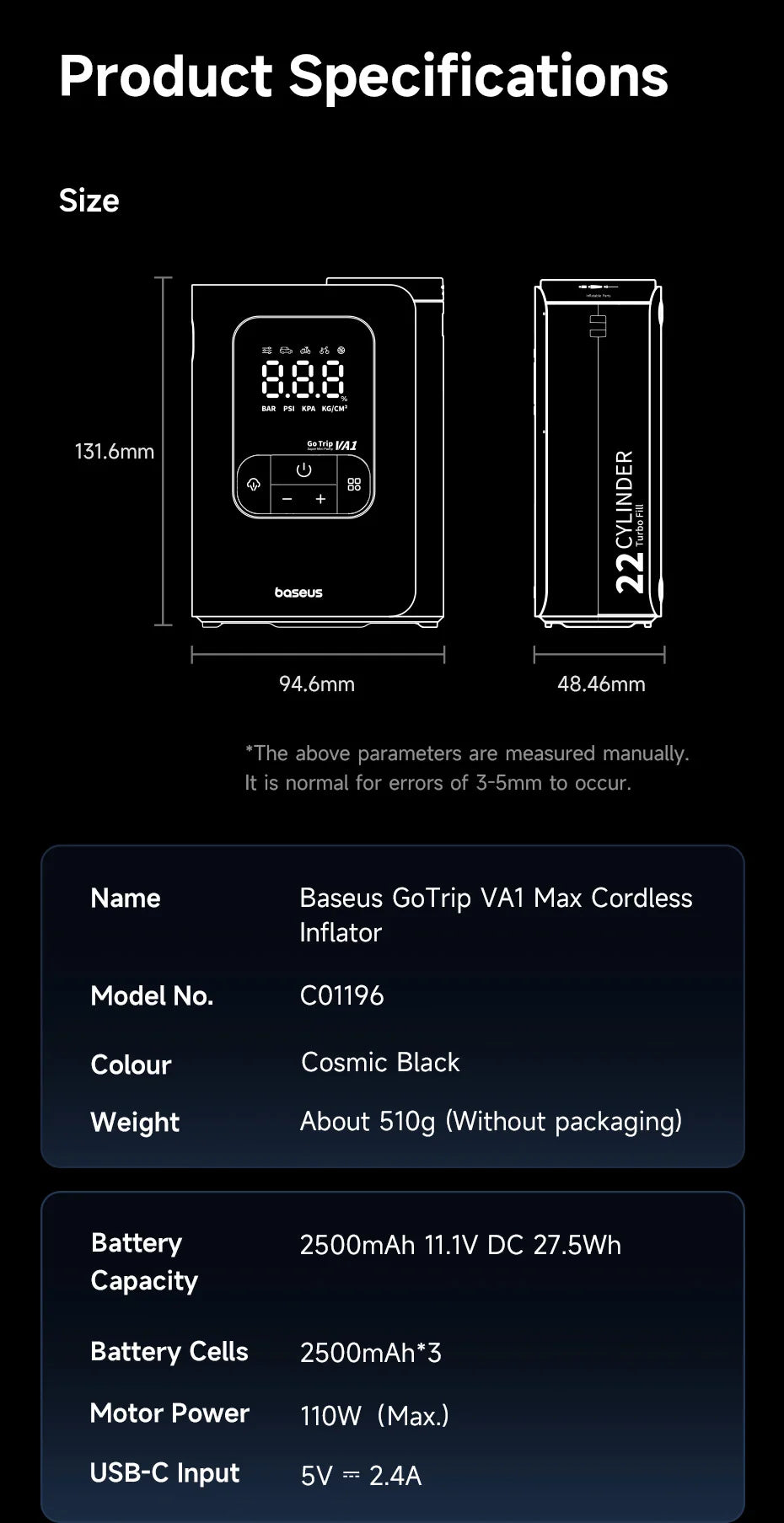 Baseus GoTrip VA1 Max Car Air Pump 150PSI Portable Air Compressor 7500mAh Electric Car Tire Inflator for Motorcycle Bicycle Ball Air Pump by Grab & Glow